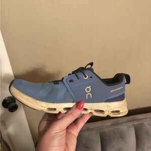 On Running Blue and Beige Athletic Shoes